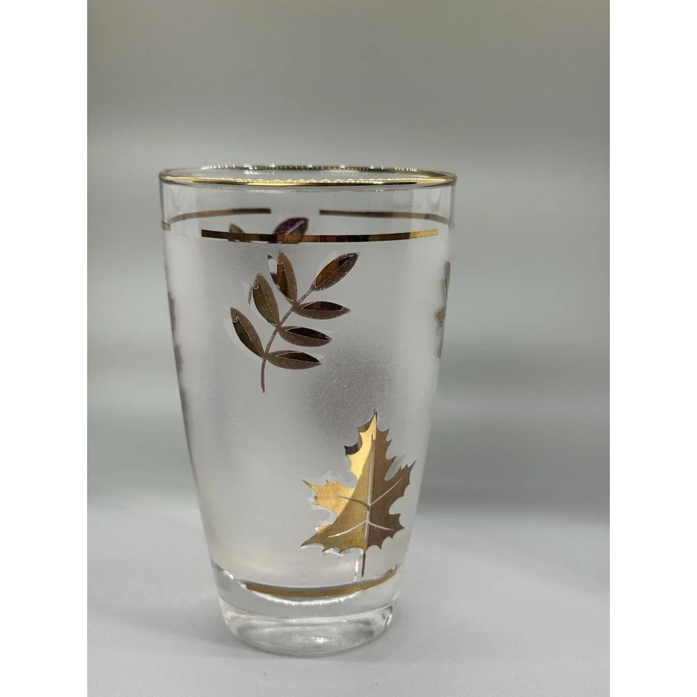 Vintage Libbey Frosted‎ Gold Leaf Tumblers Glasses Gold Rim 5-1/4
